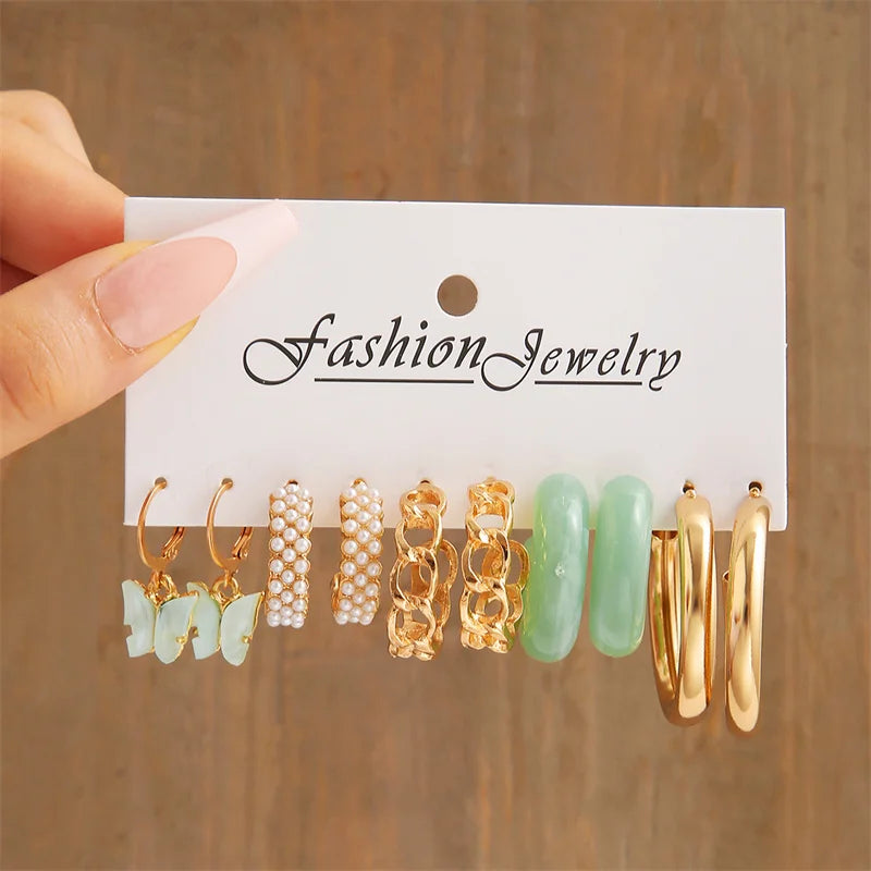 36 Pcs Fashion Colorful Earrings Set For Women Green Resin Pearl Gold Color Metal Circle Dangle Earrings 2024 New Jewelry Gifts