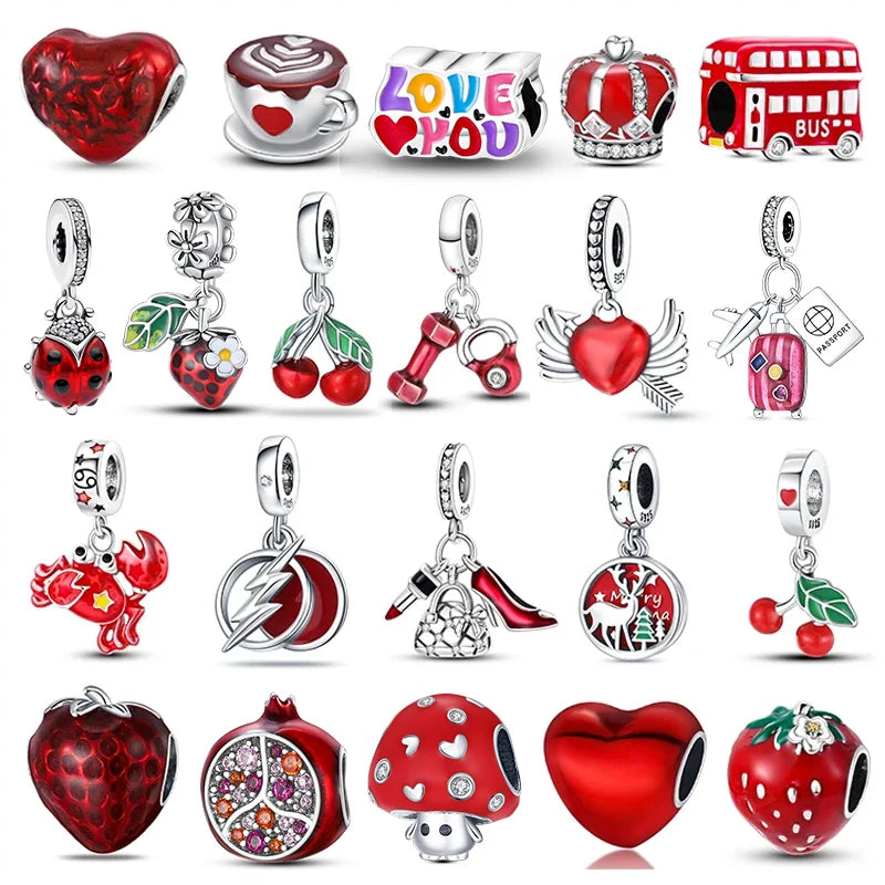 100% 925 Sterling Silver Heart Shape Cherry Red Collection Charm Beads for 3mm Original Bracelet DIY Jewelry Gift